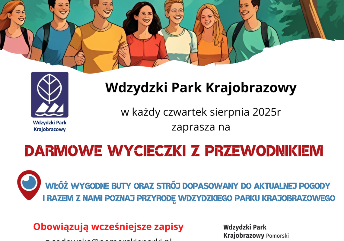 Plakat zapraszający na darmowe wycieczki z przewodnimiem w sierpniu 2025r