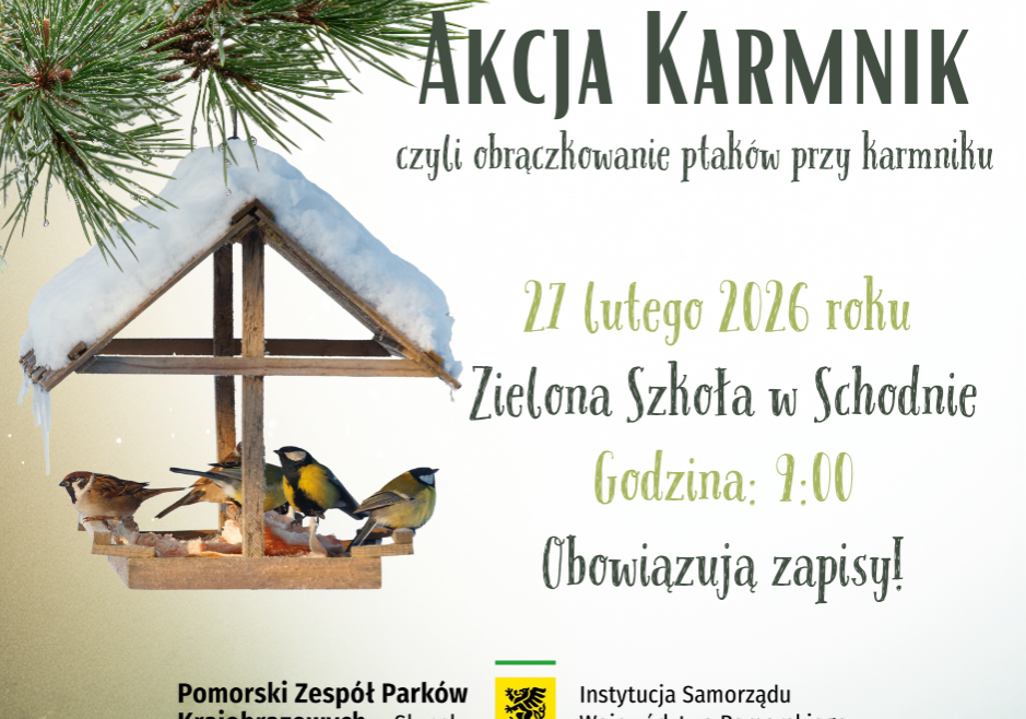 Plakat zapraszający o informacji o czasie i miejscu spotkania i z grafiką karmnika z siedzącymi w środku ptakami.