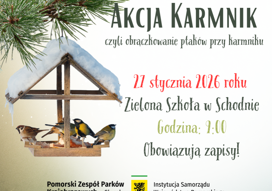 Plakat Plakat zapraszający o informacji o czasie i miejscu spotkania i z grafiką karmnika z siedzącymi w śr
