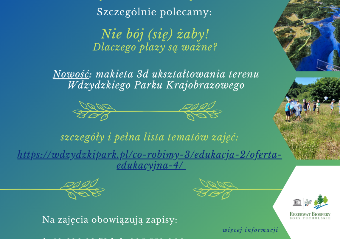 plakat zapraszający do skorzystania z ofert edukacyjnej Wdzydzkiego Parku Krajobrazowego na rok 2024