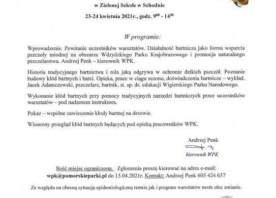 Grafika 8: Zaproszenie na warsztaty "Bartnictwo na obszarze Wdzydzkiego Parku Krajobrazowego i Lasów Państwowych"