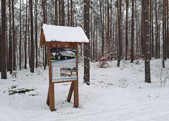 Tablica edukacyjno - informacyjna na tle zaśnieżonych drzew, fot. M.Greinke
