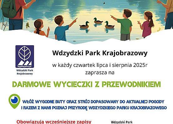 Graficzne zaproszenie w postaci plakatu zapraszające na lipcowe wycieczki.