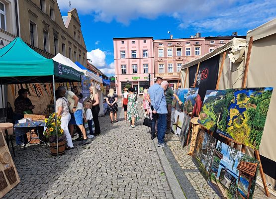 Ulica z wystawcami i wystawą fotografii Wdzydzkiego Parku Krajobrazowego