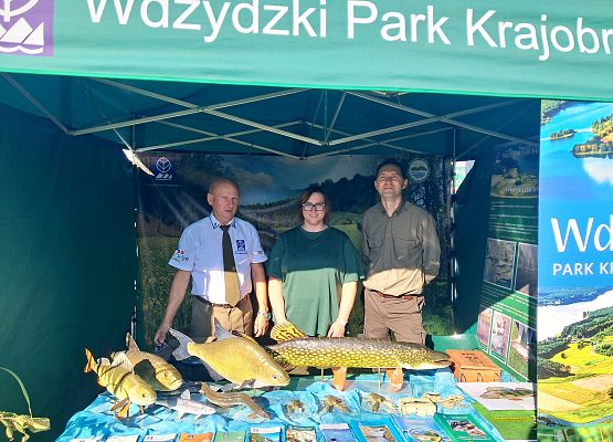 Kierownik i dwóch specjalistów Wdzydzkiego Parku na stoisku edukacyjnym.